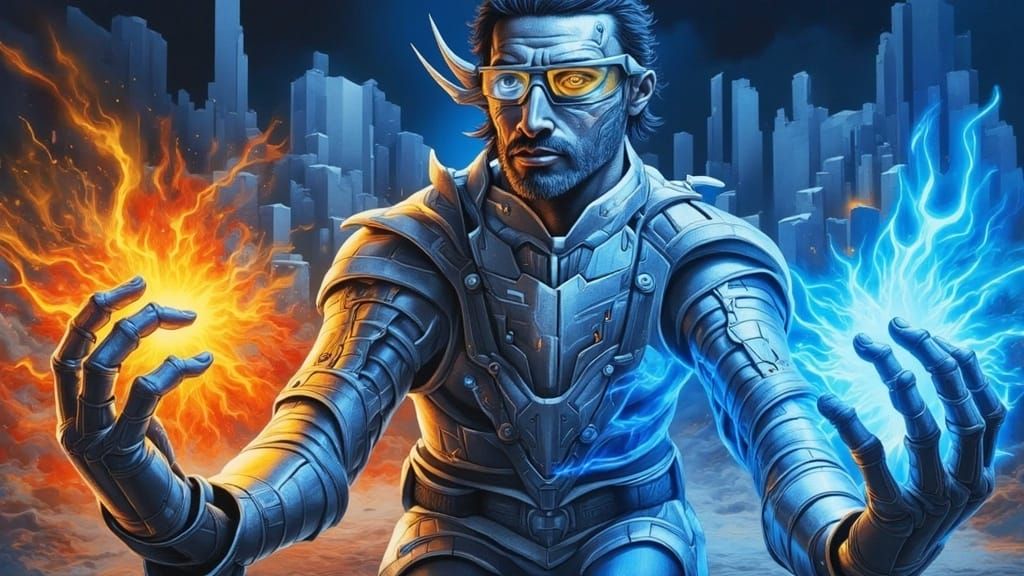 High-Tech Superhero in Neon Armor Reveals Futuristic Citysca...