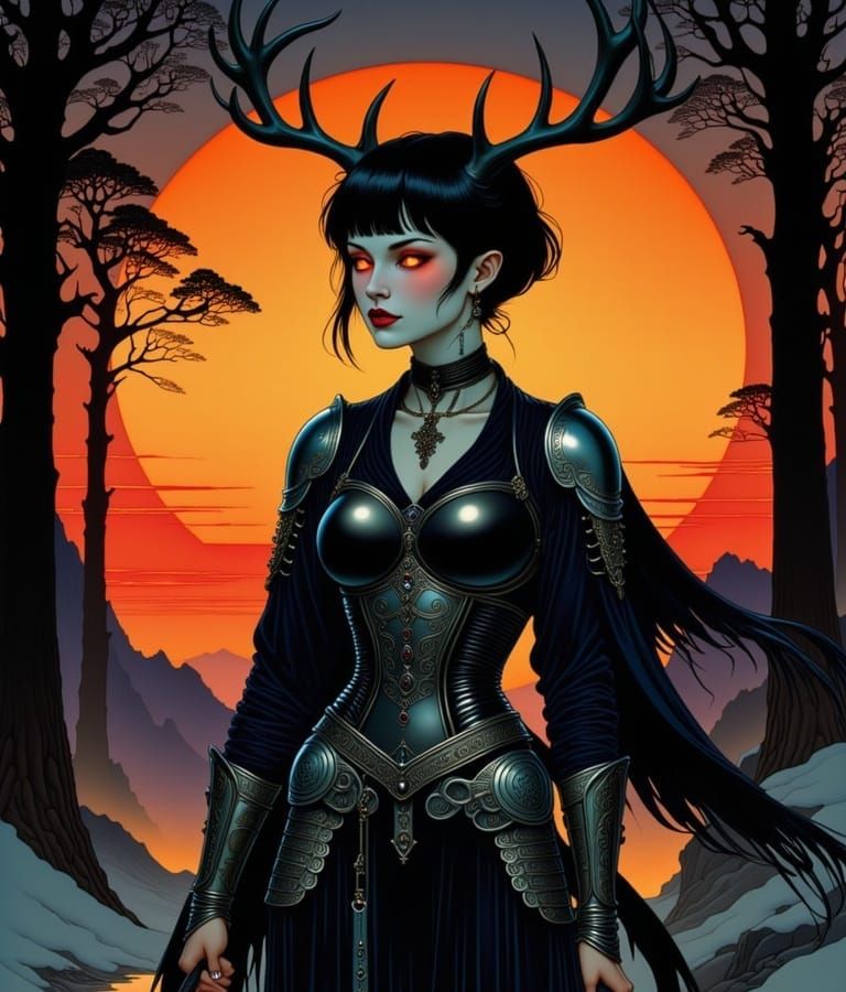 Surreal Japanese Woodcut of Dark Fantasy Warrior