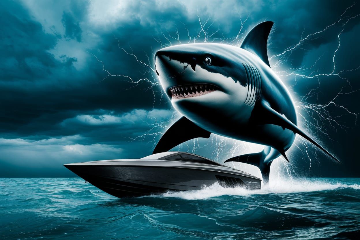 Storm Shark Emerges Behind Modern Motorboat