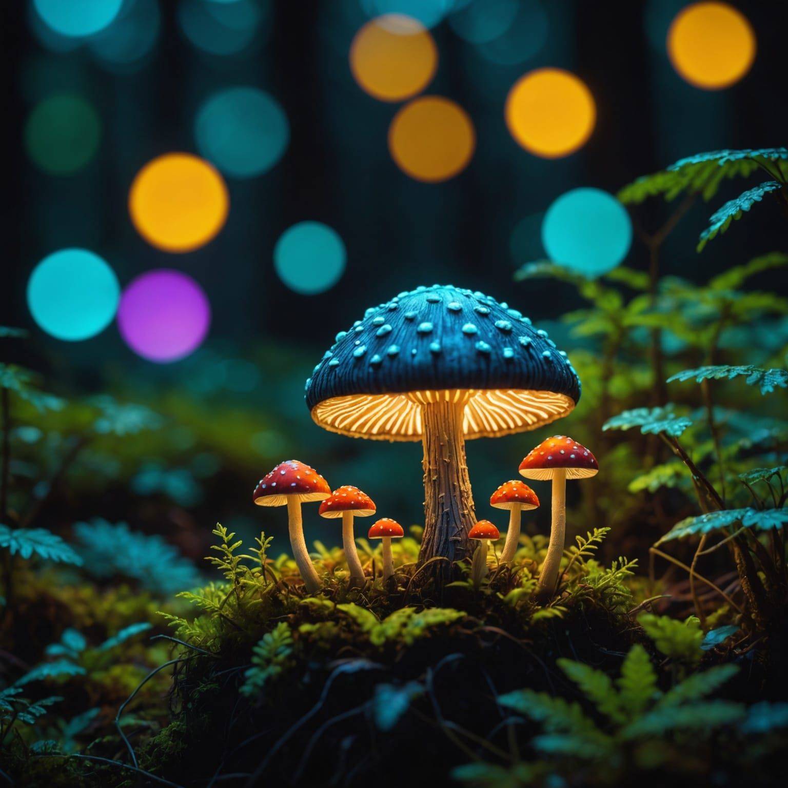 Neon Mushroom in Miniature Night Forest