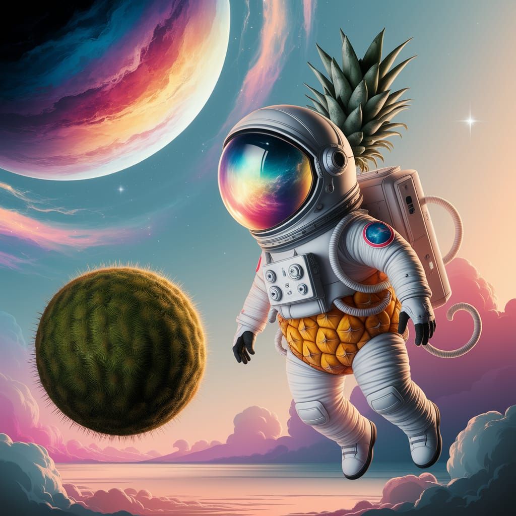 Pineapple Astronaut Drifting Near Coconut Planet