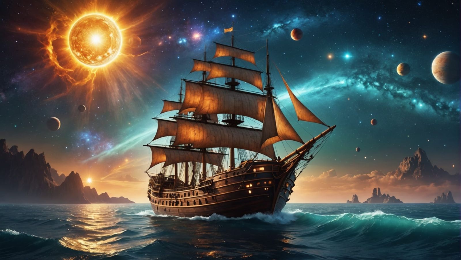 a beautiful wooden ship sailing on a galactic sea, solar fla...