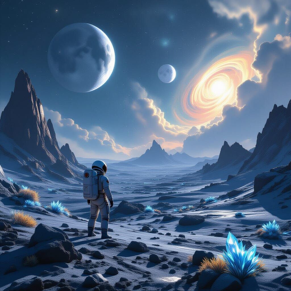 Astronaut Gazes at Alien Sky with Two Moons