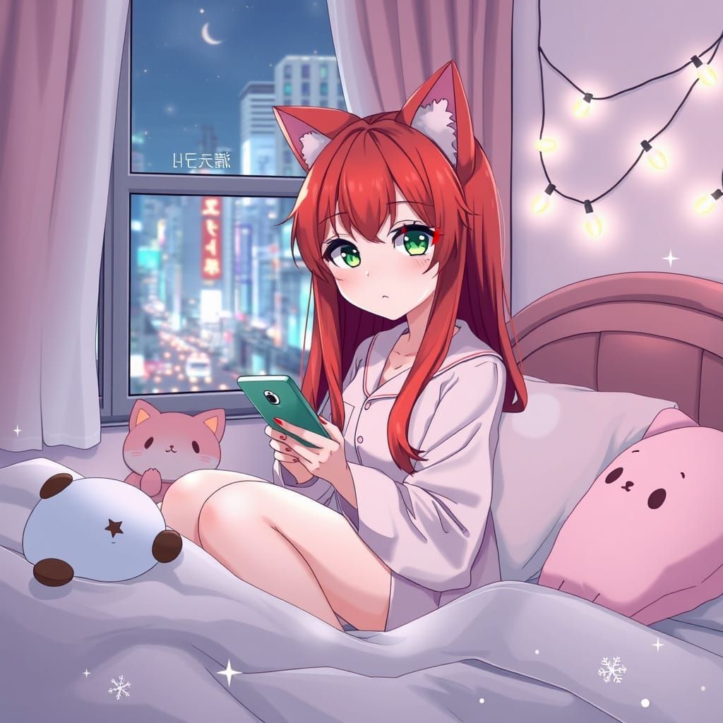 Surreal Anime Woman in Pastel Bedroom with Tokyo Night View