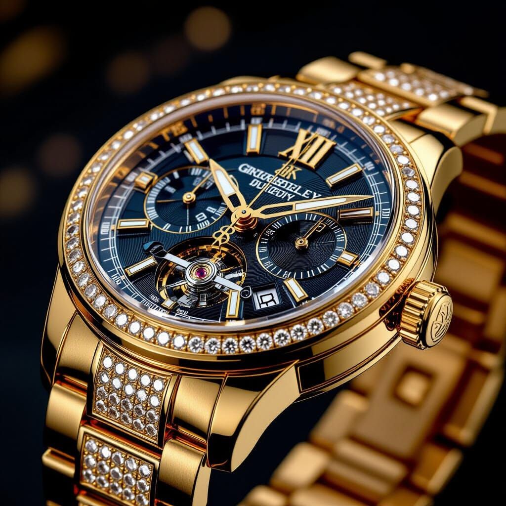 Diamond-Studded 24k Gold Watch with Mechanical Movement