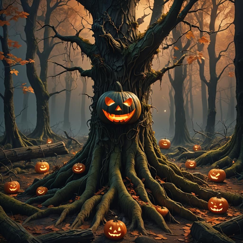 Eerie Jack-O-Lantern in Dark Autumn Forest