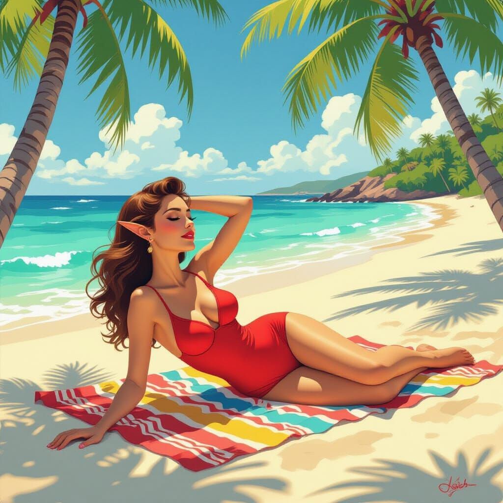 Elf Woman Suntanning on Beach, Art Nouveau Style