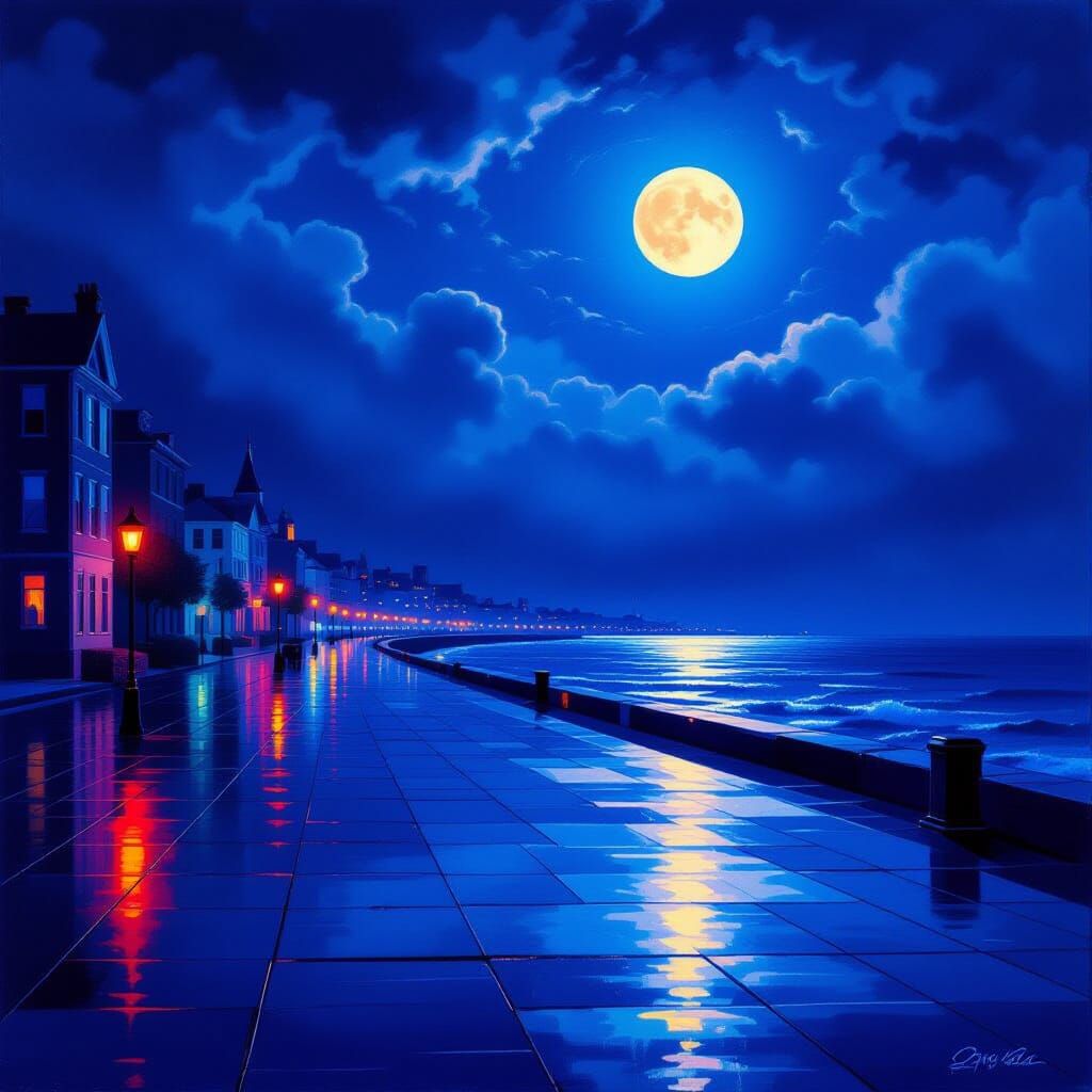 Mysterious Seaside Boulevard at Night in Vibrant Colors