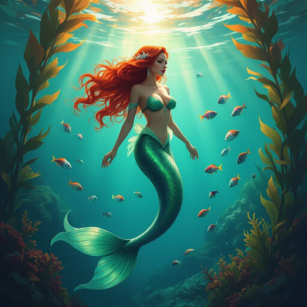 Mermaid in Kelp Forest with Colorful Fish