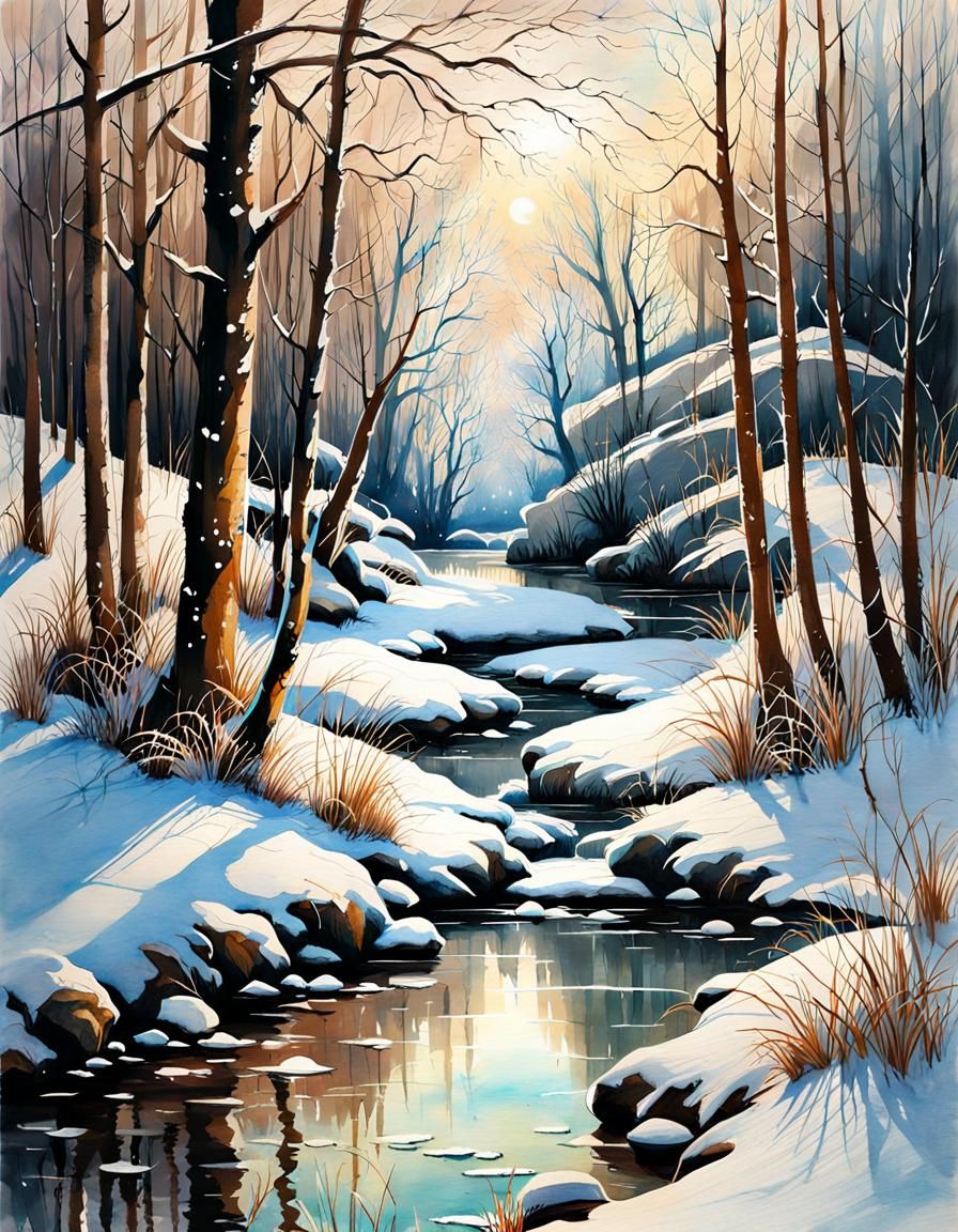 Snowy Riverscape with Snowdrops in Watercolor Art