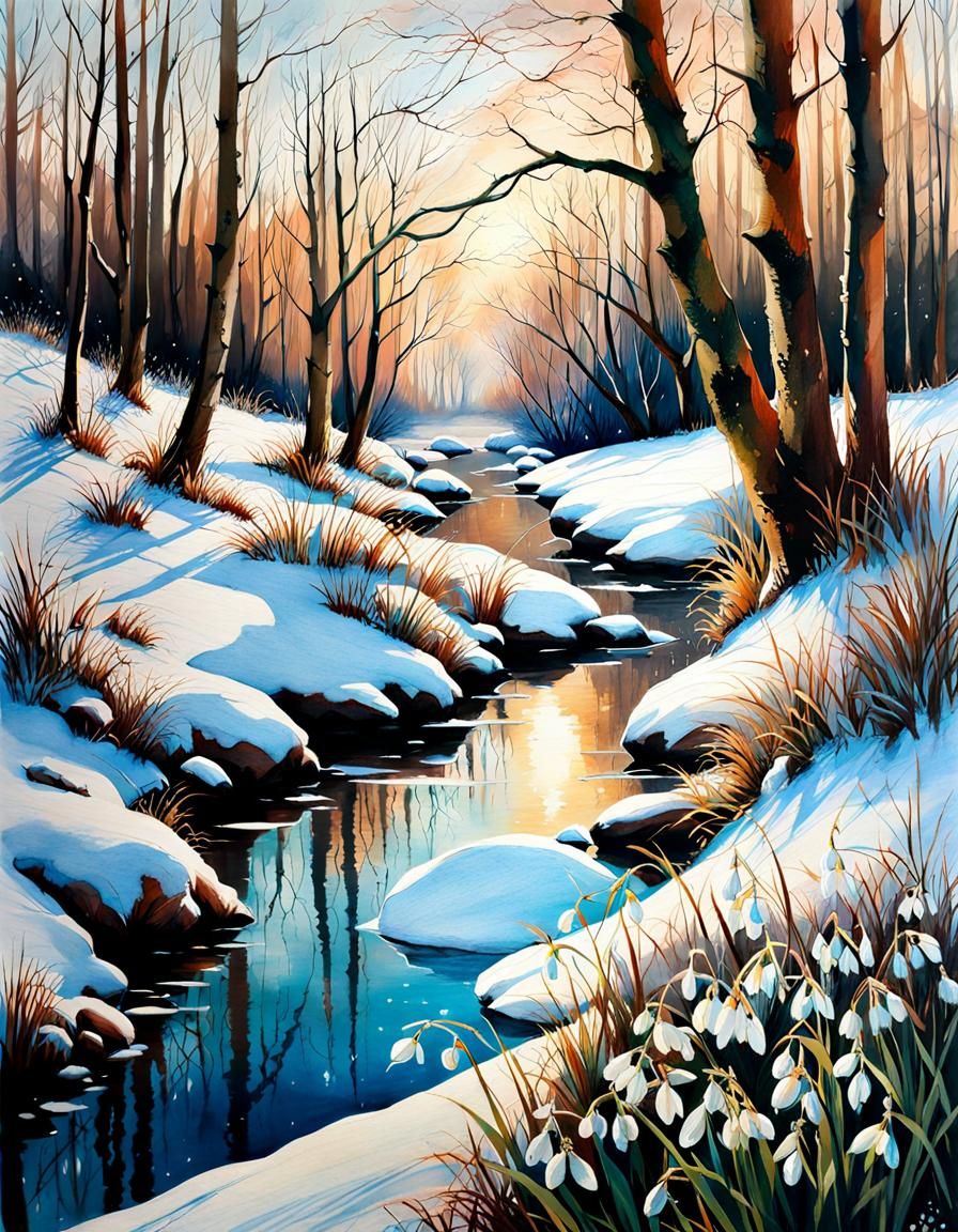 Snowy Riverscape with Snowdrops in Watercolor Art Style