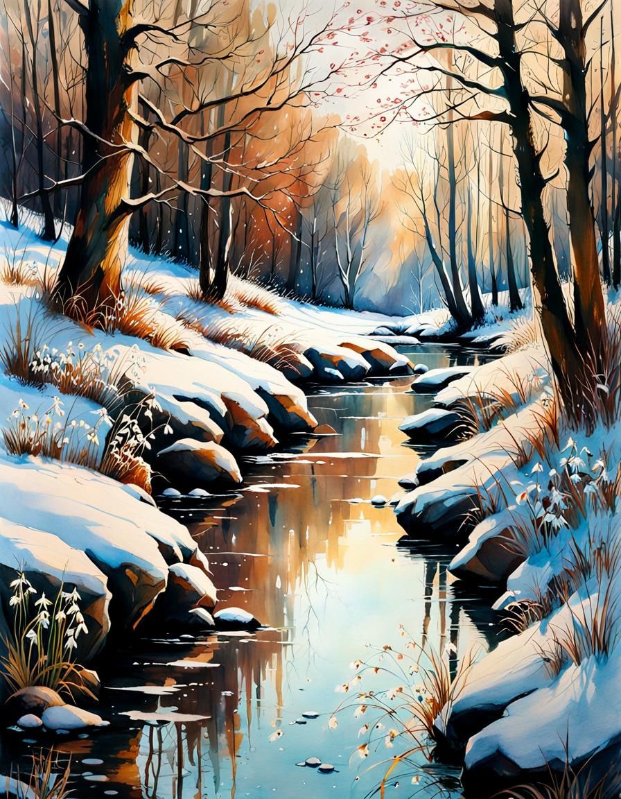 Snowy Riverscape with Snowdrops in Watercolor Art