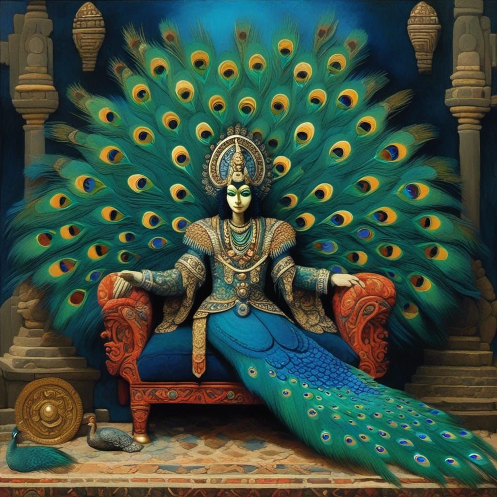 Anthropomorphic Peacock Priest in Mayan Temple