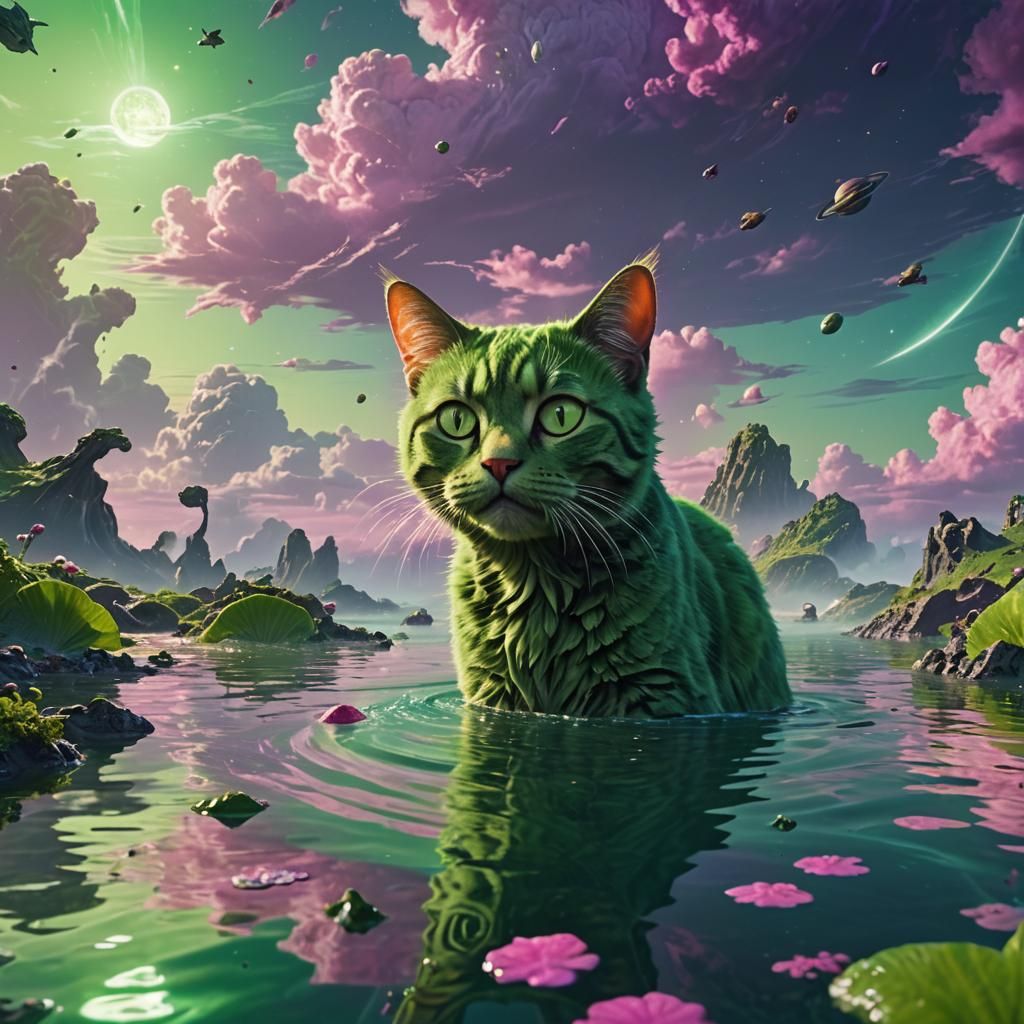 Green Cat Drinks from Alien Ocean: Splash Art