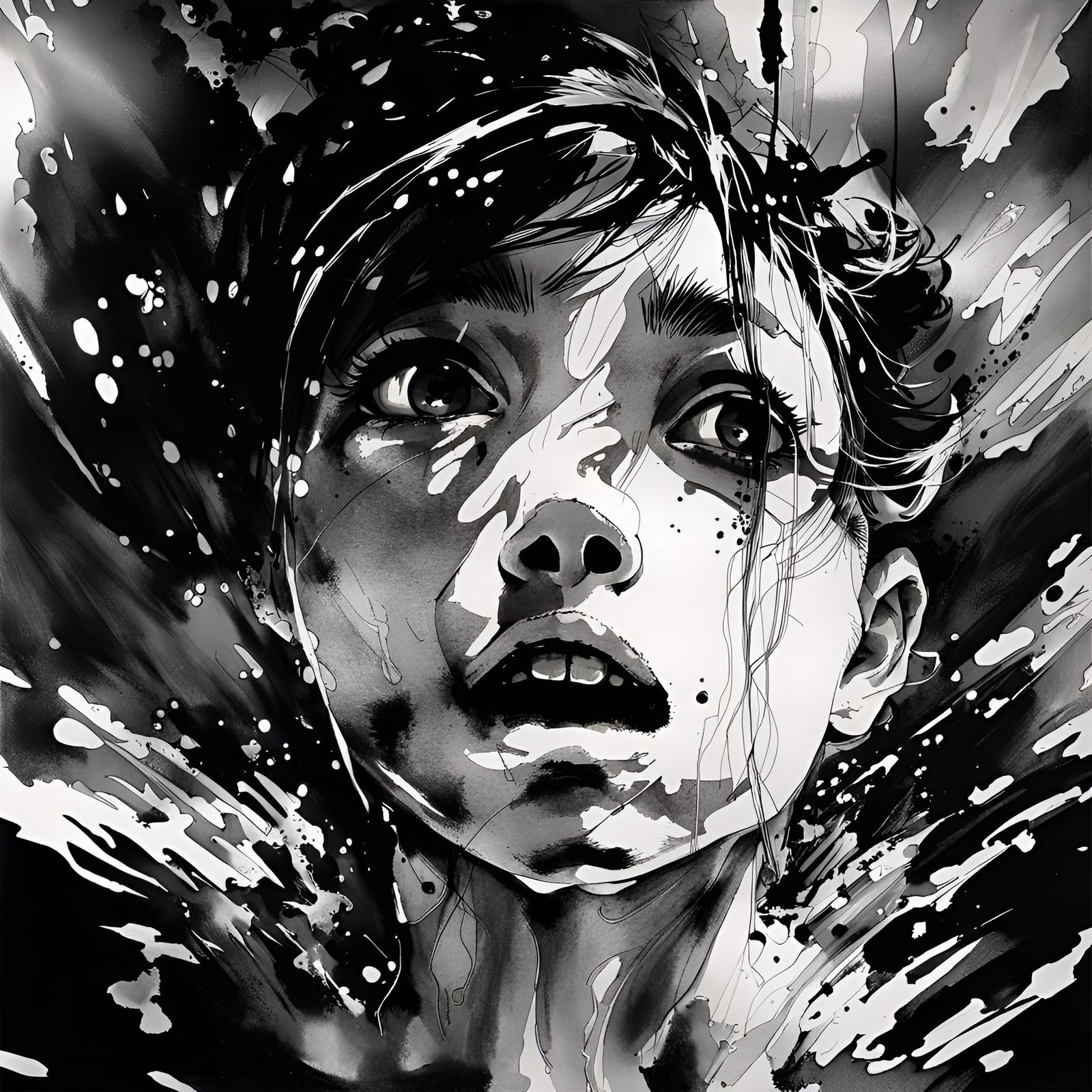 Monochrome Ink Painting: Girl Gasping Underwater