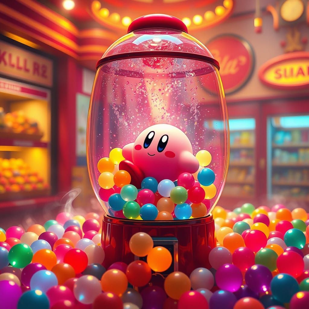 Kirby Surrounded by Colorful Gumballs in a Vibrant Store Sce...