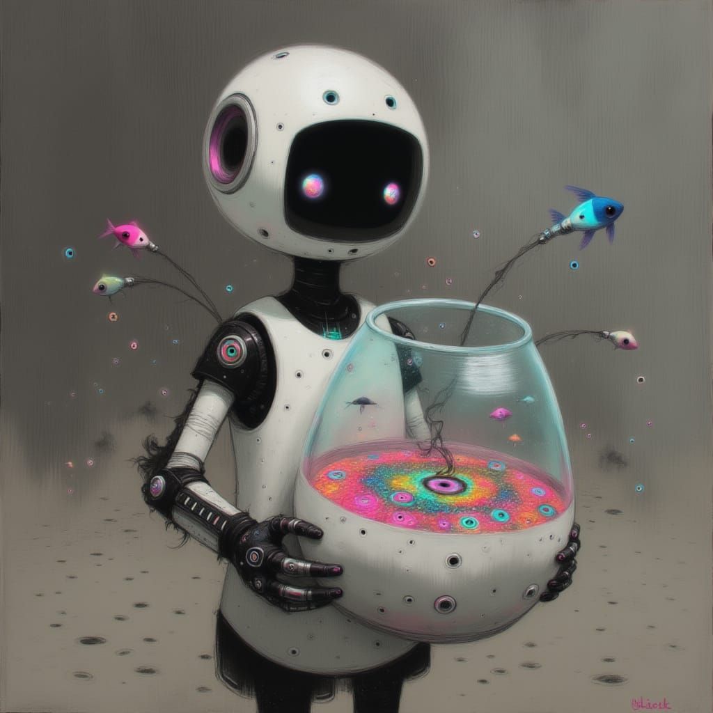 Robot with Fishbowl: Cute and Surreal
