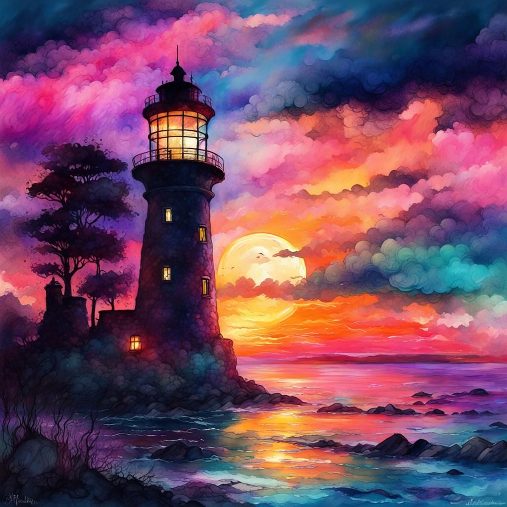 Vibrant Sunset Lighthouse Seascape in Watercolor Style