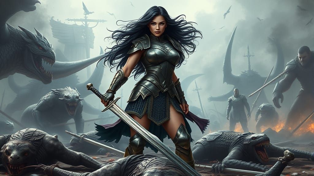 Valkyrie Warrior Stands Victorious on Battlefield