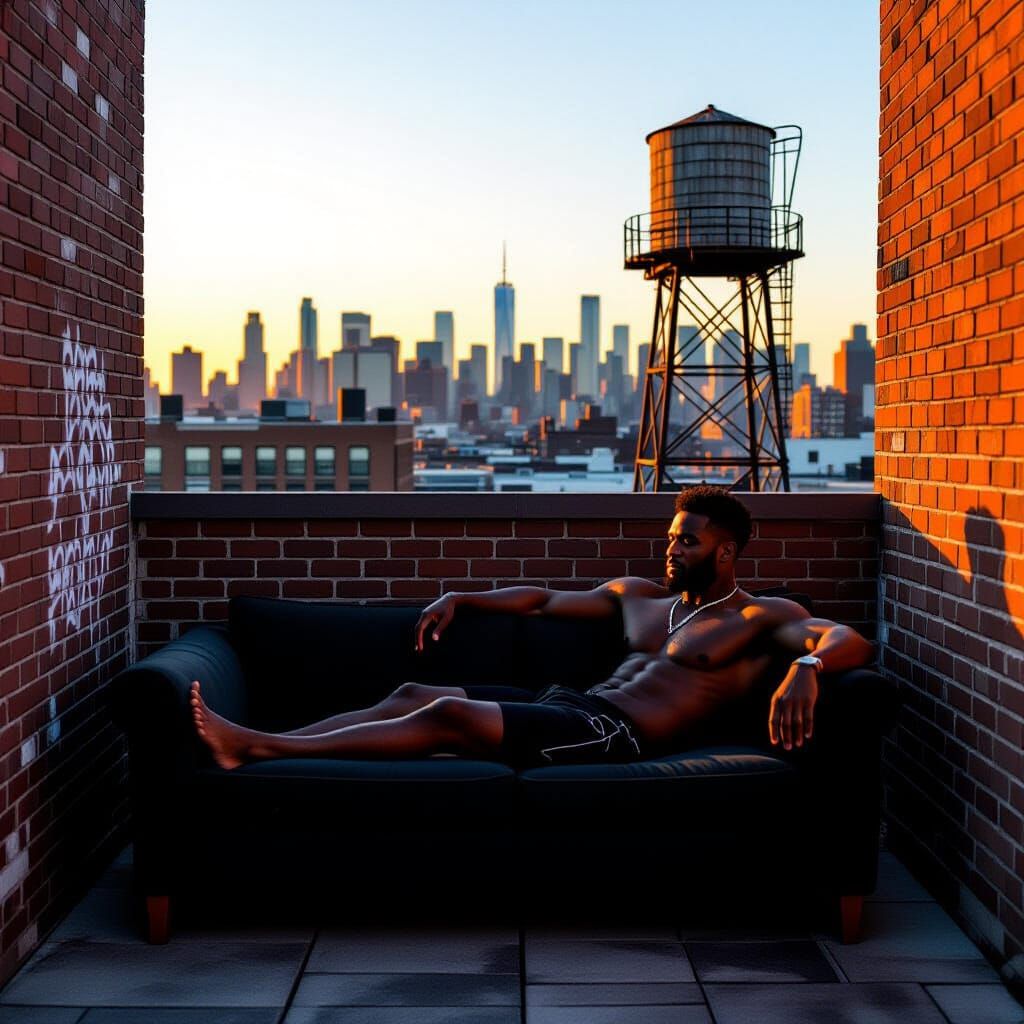 Brooklyn Rooftop at Golden Hour with Lounging Man