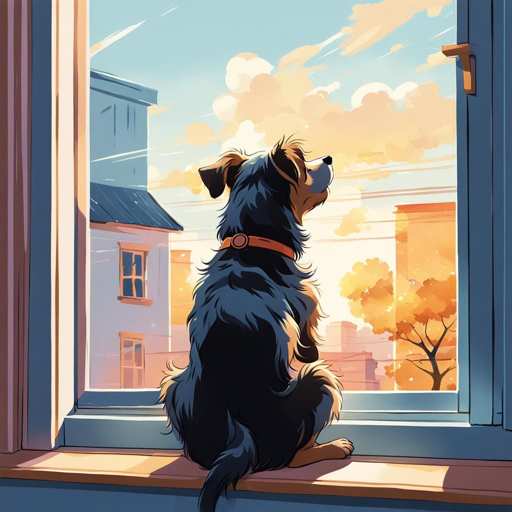 Cute Dog on Windowsill in Manga Scan Style