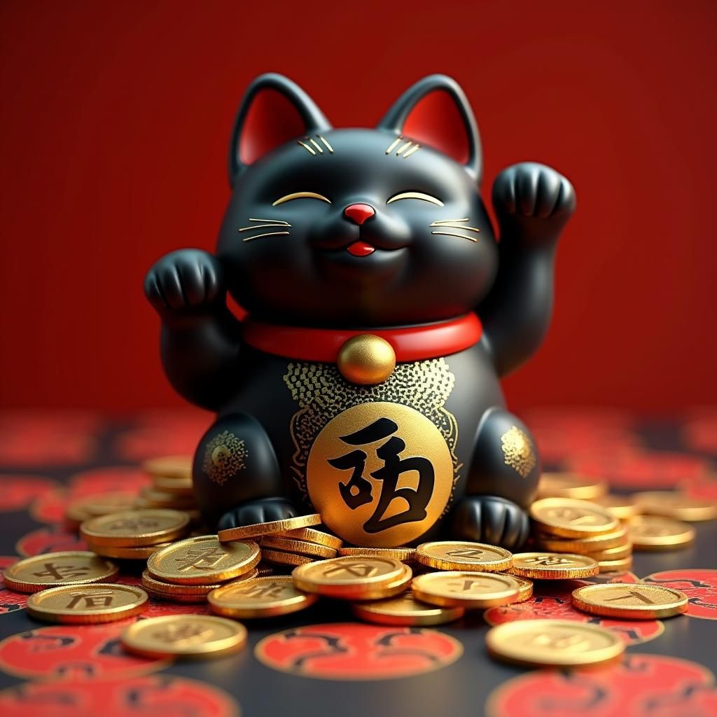 Majestic Black Maneki Neko with Golden Coins