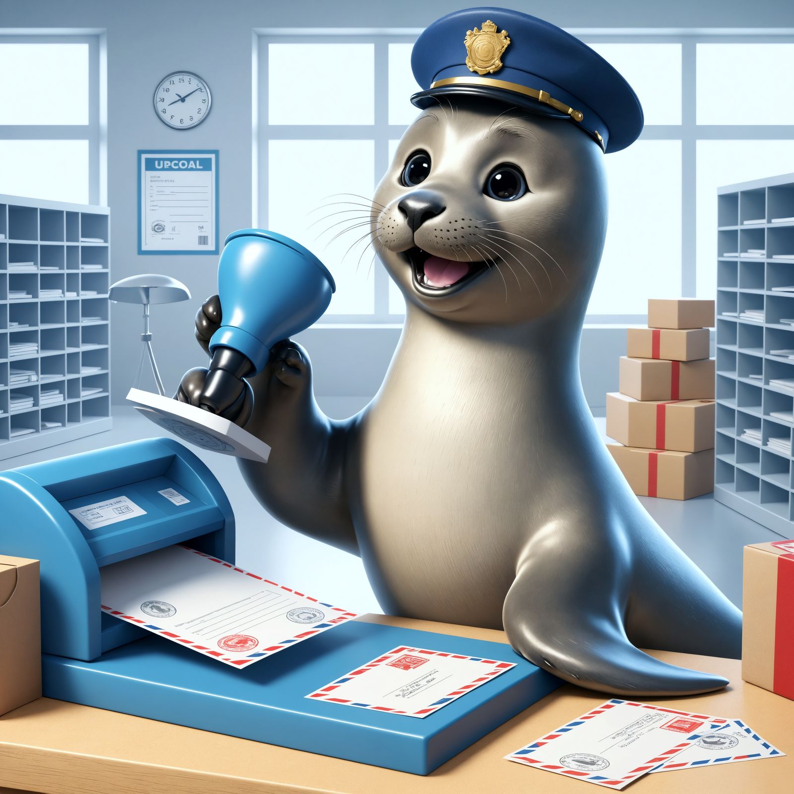 Joyous Cartoon Seal in Post Office Scene