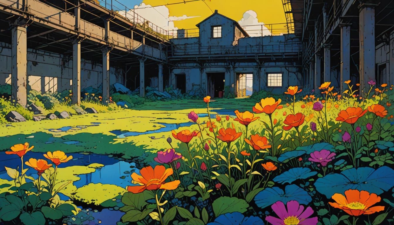 Vibrant Flowers in Abandoned Industrial Site Comic Style
