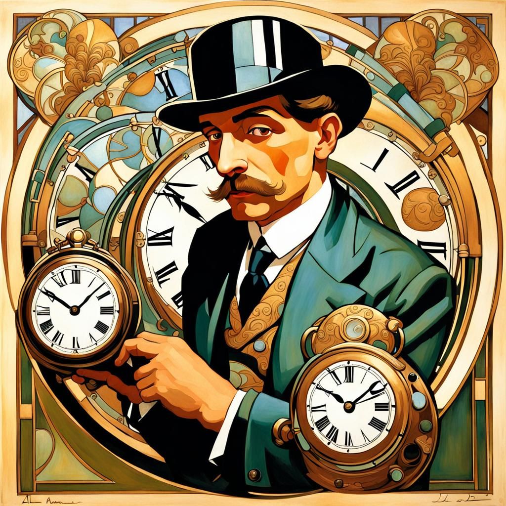 Art Deco Man with Clocks, Mucha Style