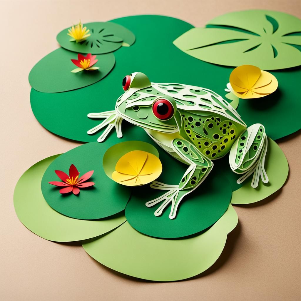 Kirigami Frog on Lily Pad Paper Art
