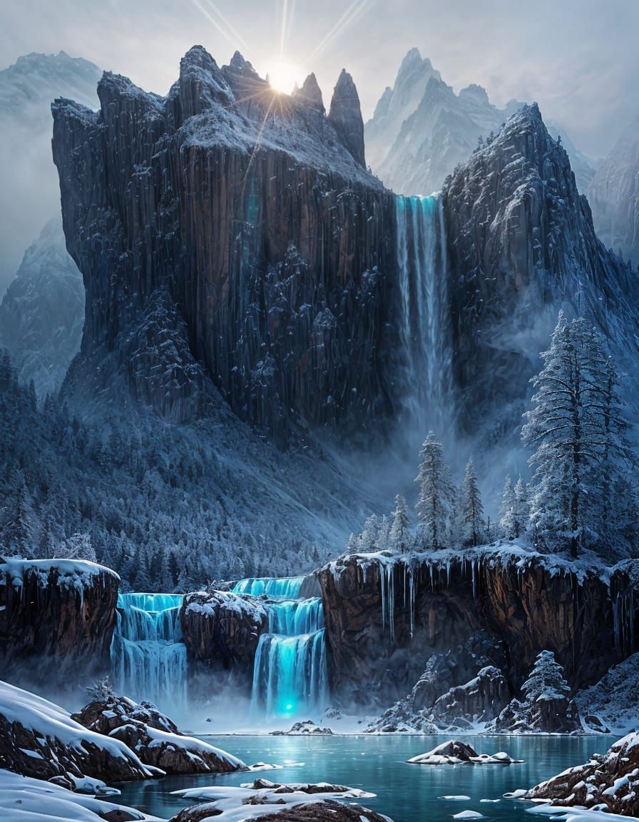 Epic Floating Islands Over Winter Mountain Range