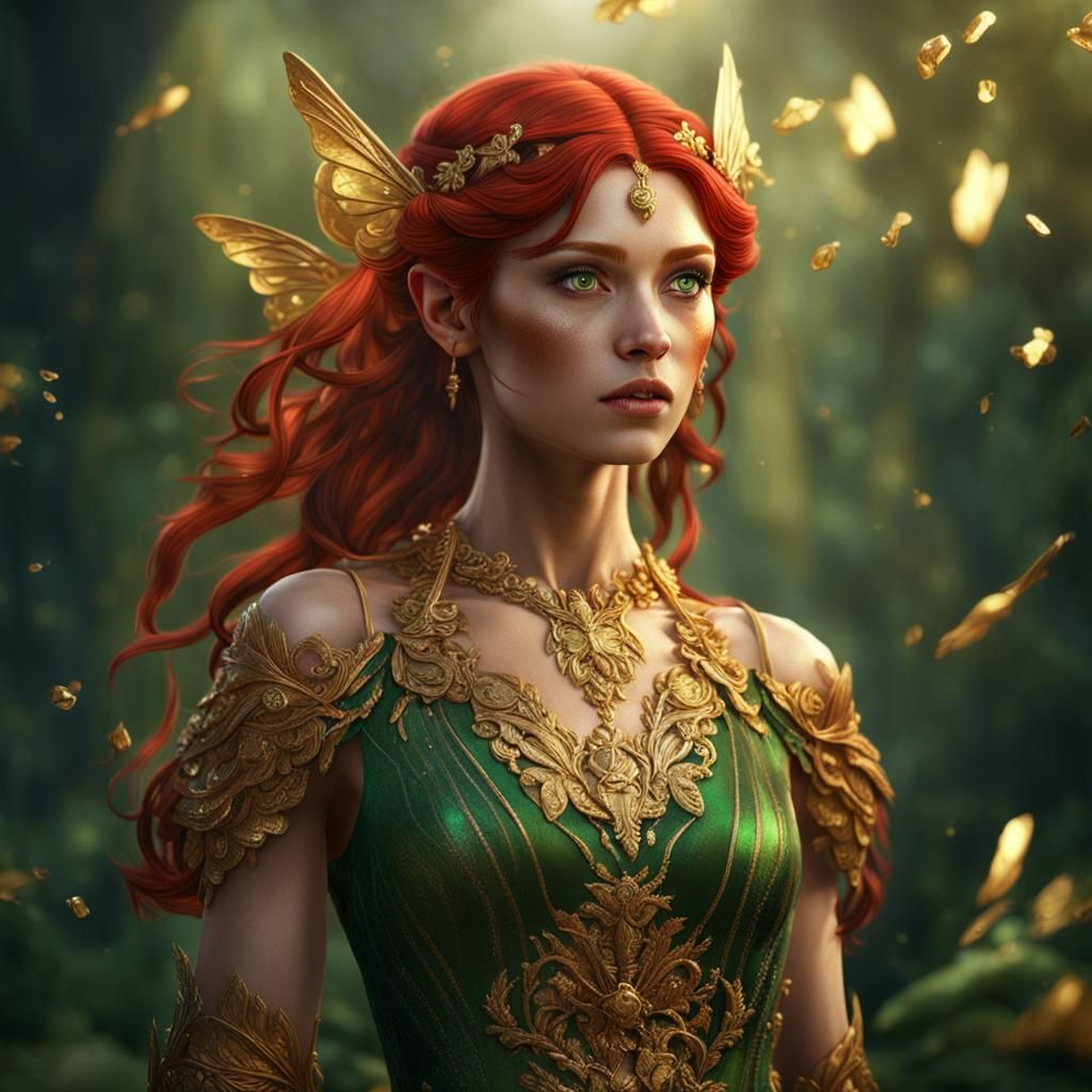 Faerie Girl with Red Hair and Gold Dress