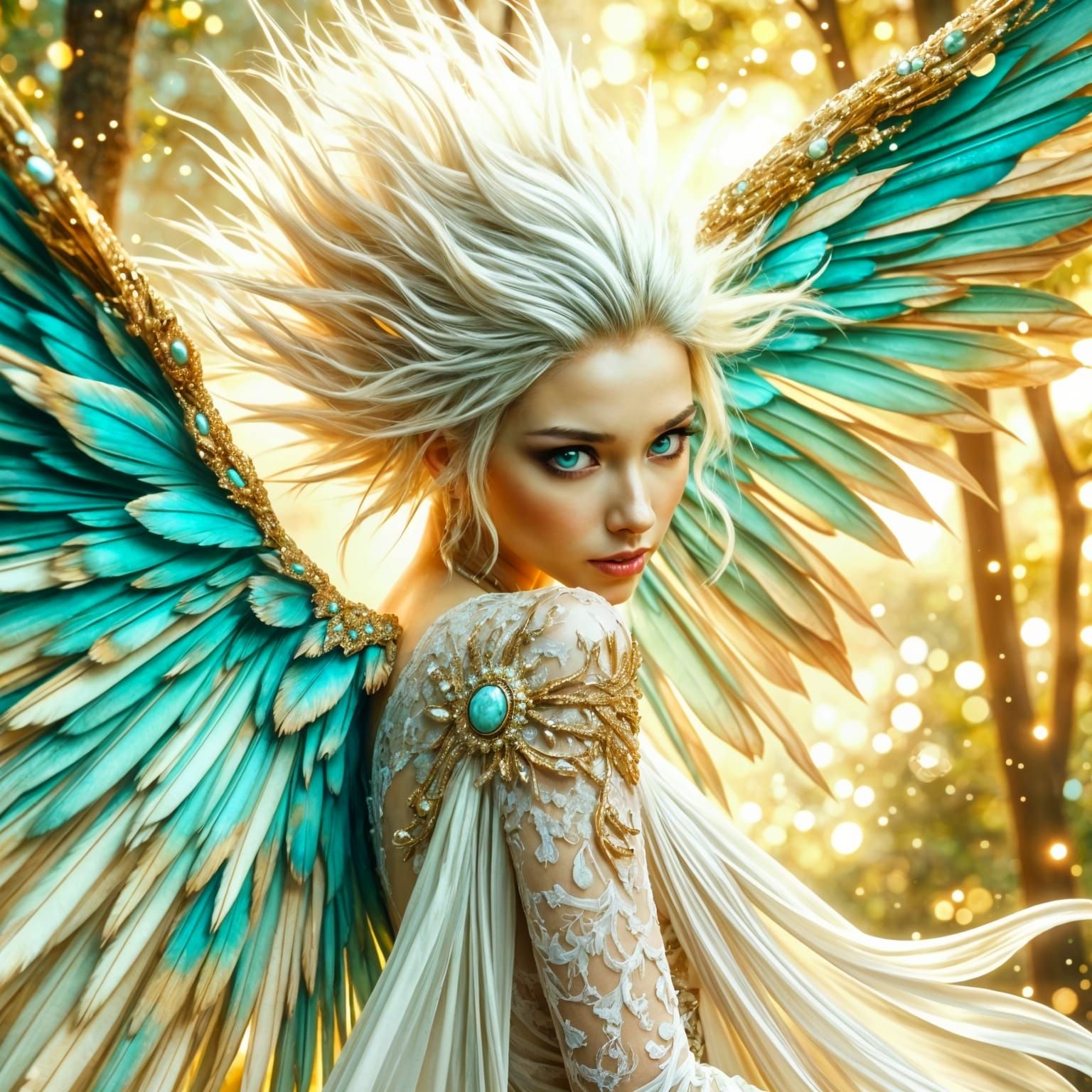 Majestic Bird-Woman in Gouache Ink Watercolor Style