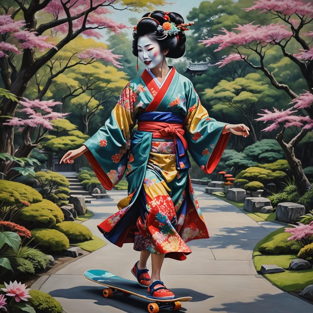 Cheerful Geisha riding a skateboard