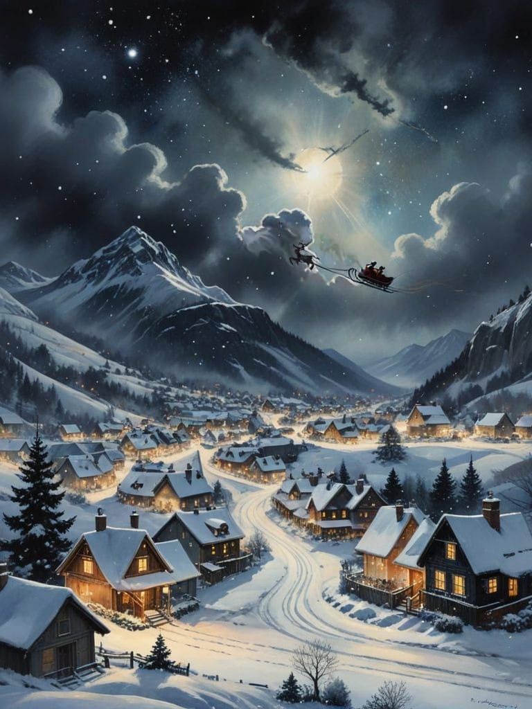Sleigh and Reindeer Soar Over Snowy Village in Starry Night...