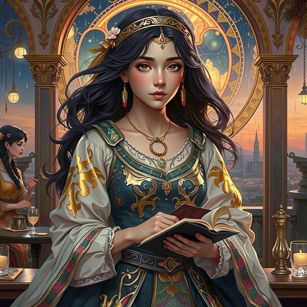 Girl in Rococo Gown, Holding Book, Amidst Constellation Suns...