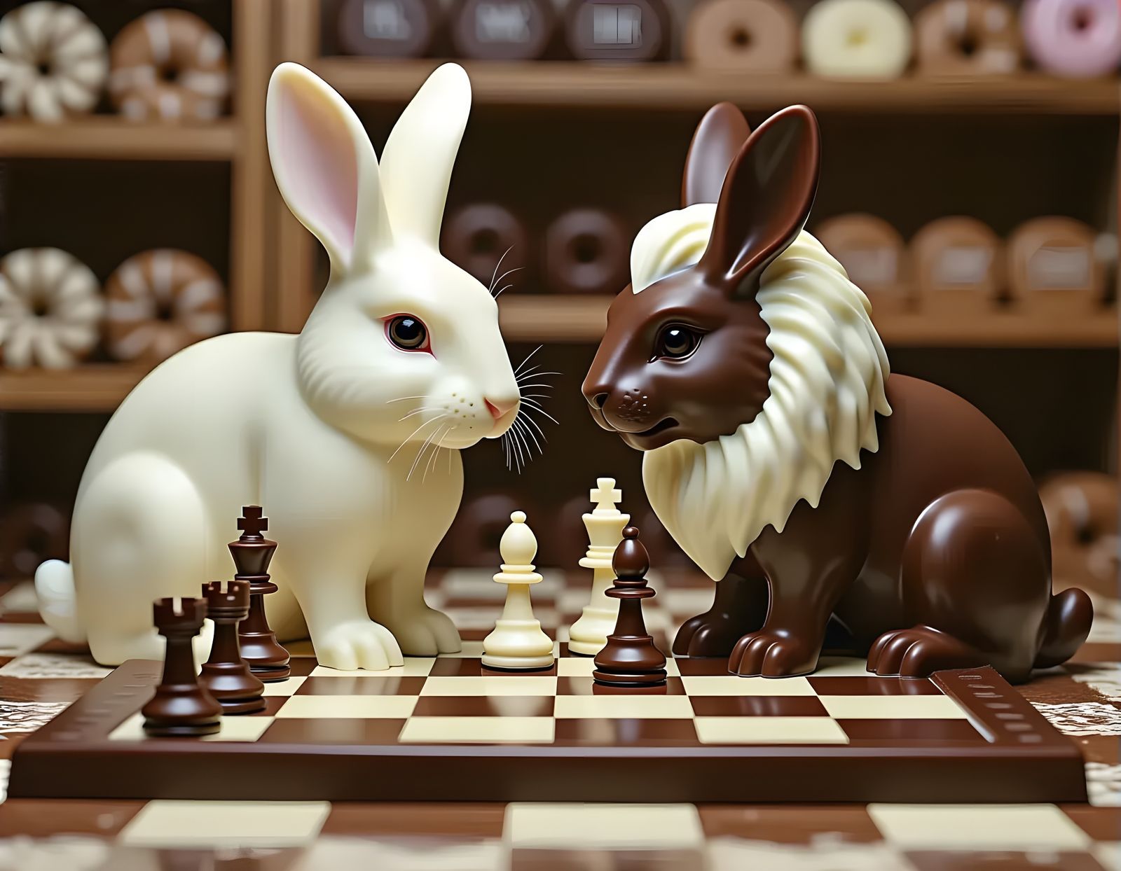 Chocolate Rabbits Play Chess in Candy Shop