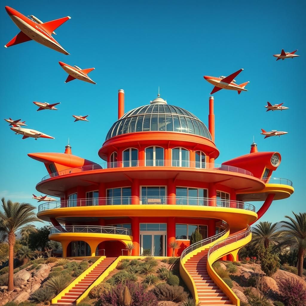 Futuristic Retro House with Geodesic Dome in Art Deco Style