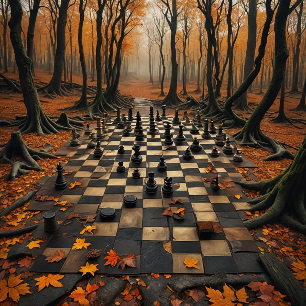 Surreal Autumn Chessboard in Dreamlike Forest