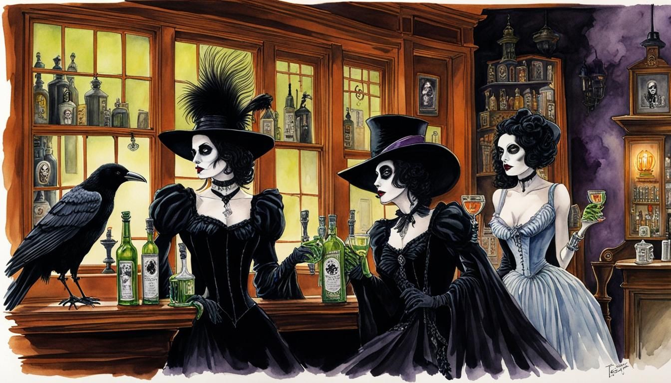 halloween at the Edgar Allen Poe pub, 3 fashionable goth ladies are drinking absinthe, a raven watches from the window, ...