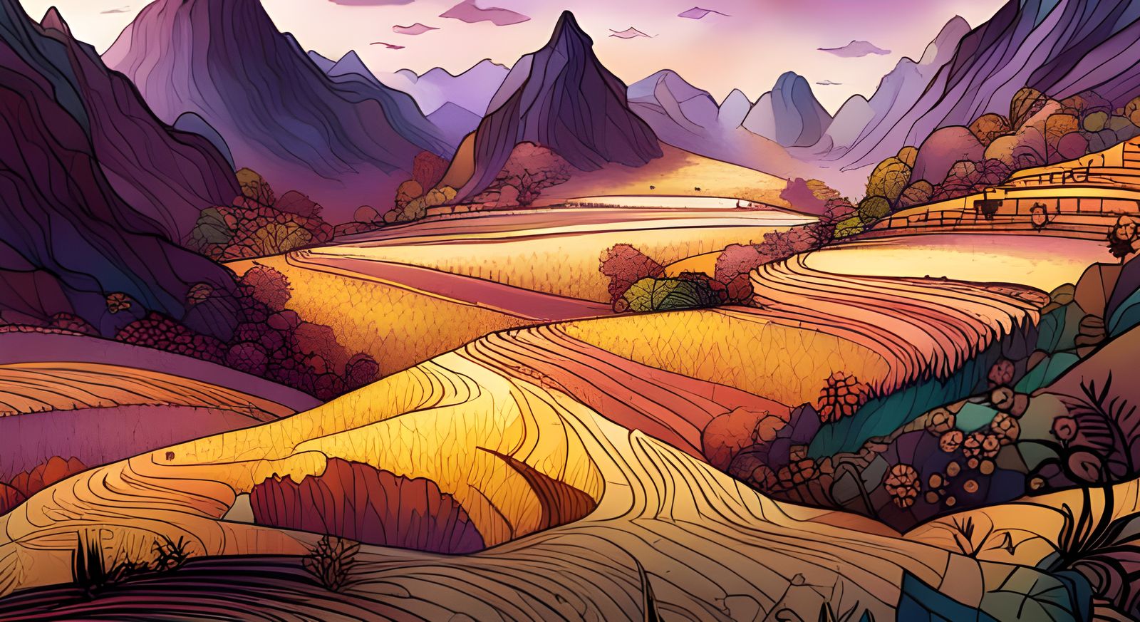 Purple Rice Terraces Landscape