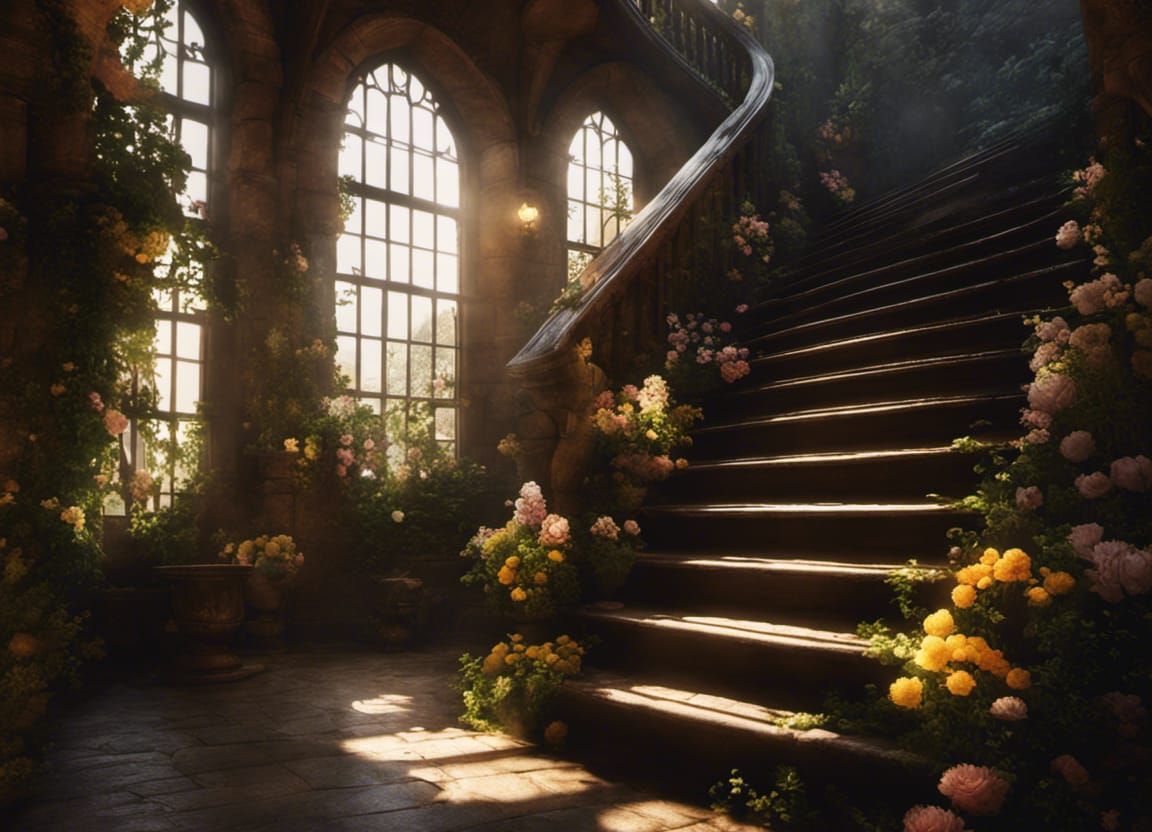 Solarpunk Medieval Staircase with Flowers in Soft Light