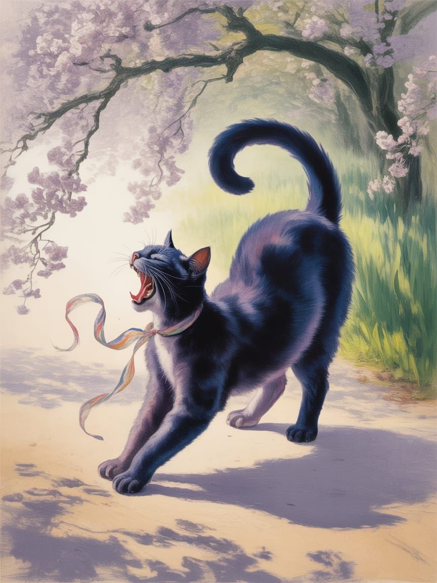 Black Cat Yawns in Impressionistic Spring Shadows