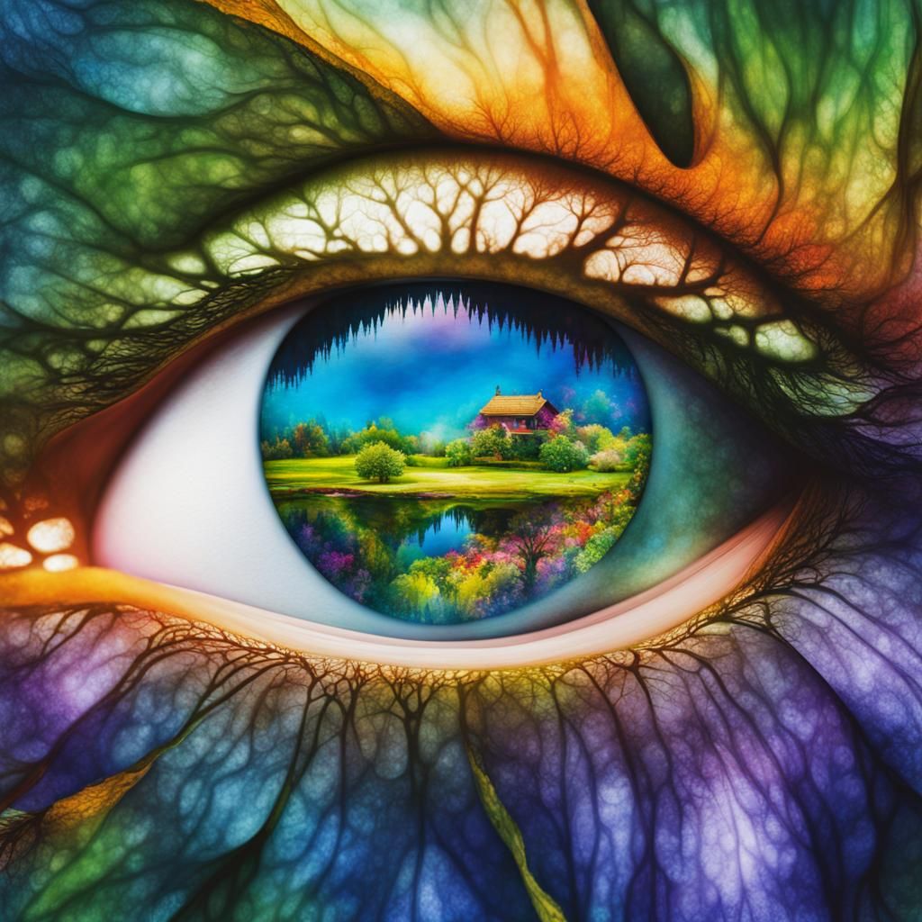 Magical Fairyland Reflected in Eye: Watercolor Art