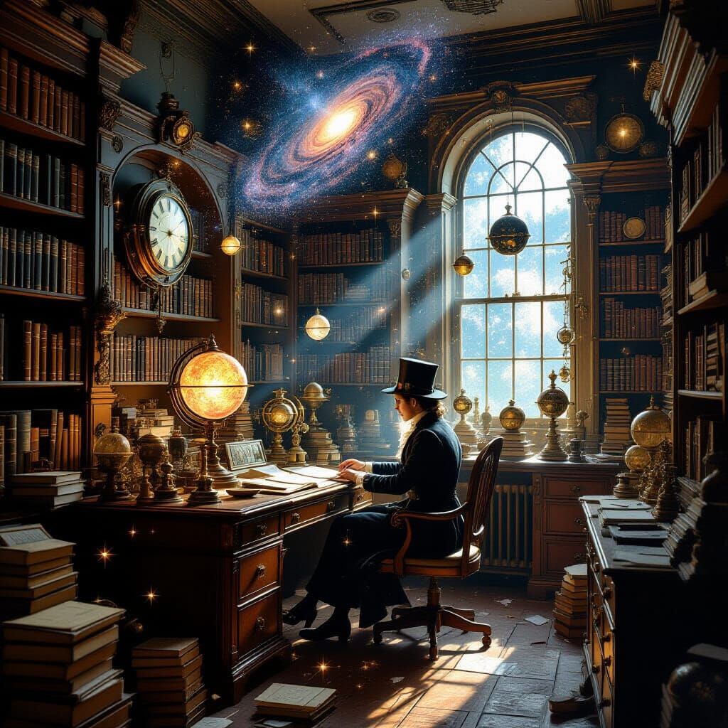 Victorian Inventor's Study with Floating Galaxies