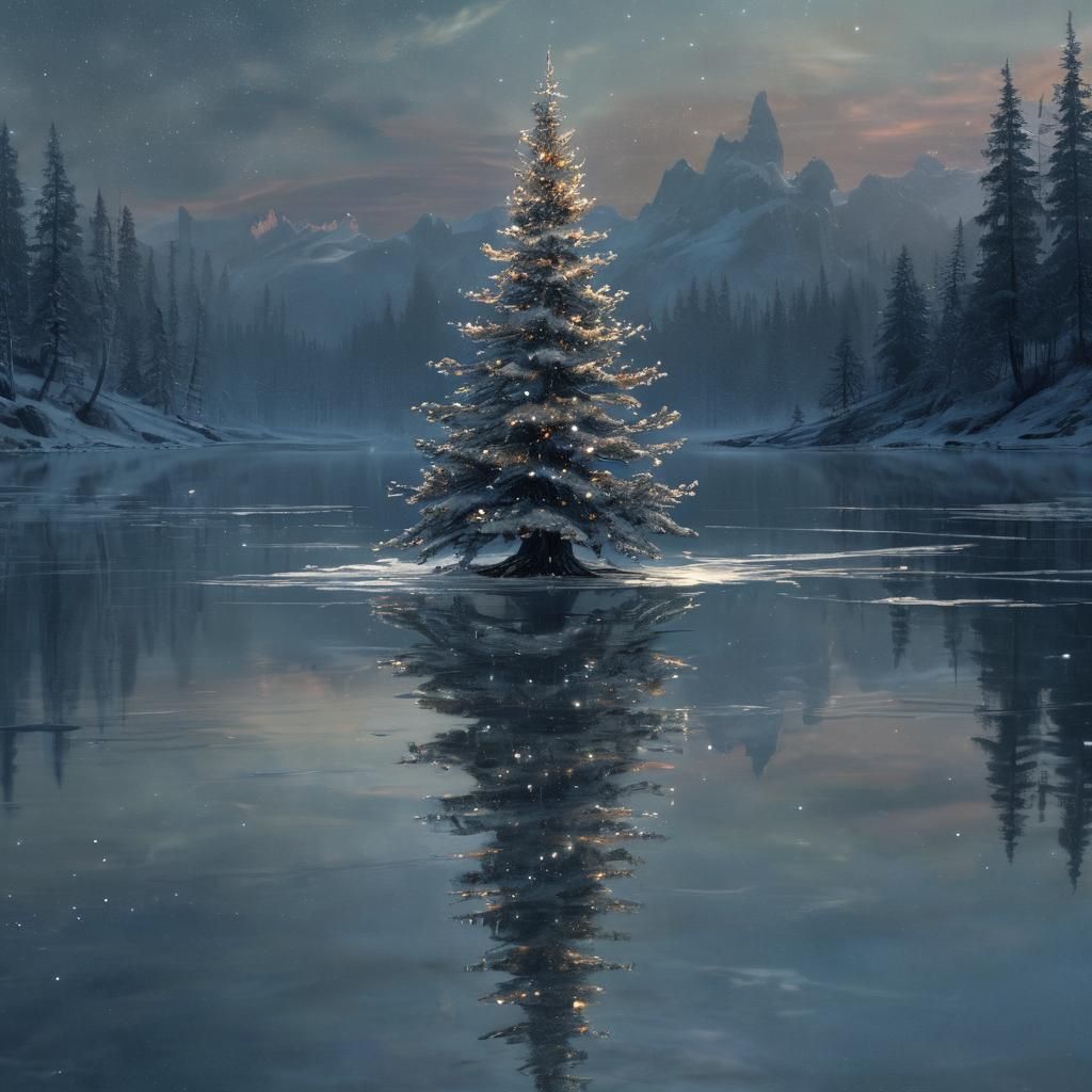 Diamond Christmas Tree on Lake Under Northern Lights