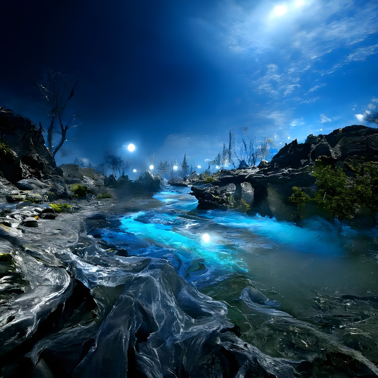 Ethereal Blue Ectoplasm River at Night, Digital Art