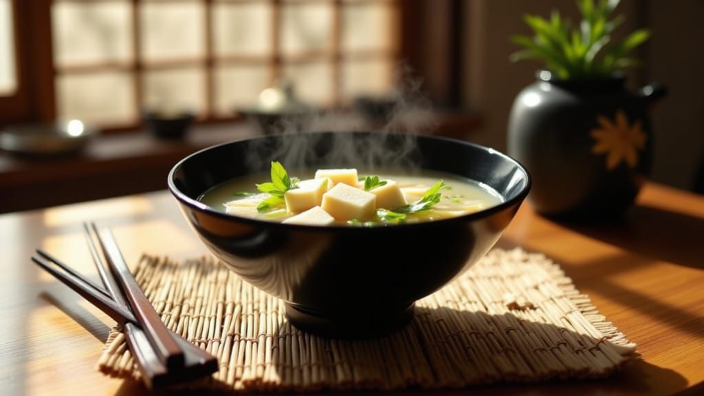 Serene Japanese Miso Soup in Black Lacquer Bowl