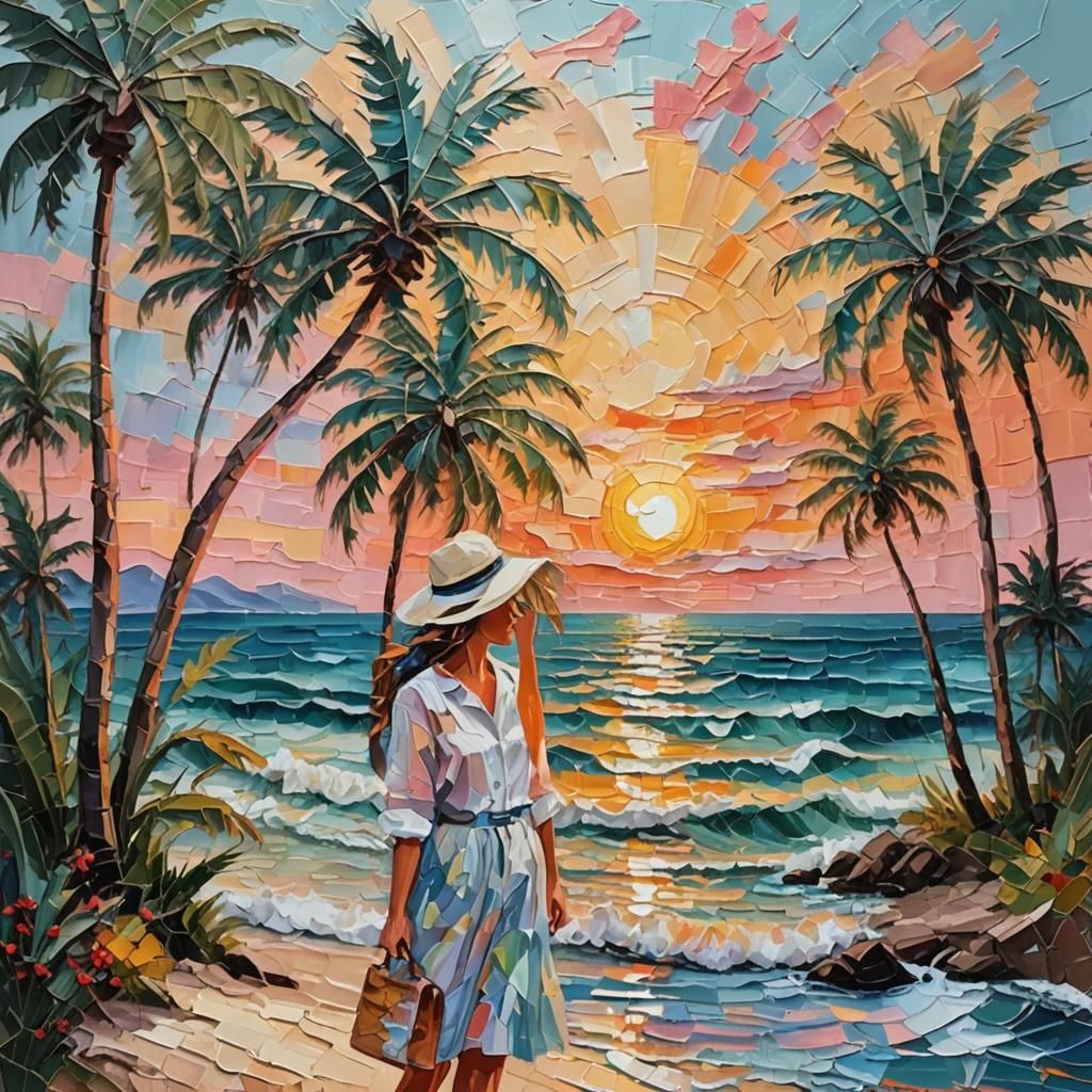 Woman, sunset over the sea