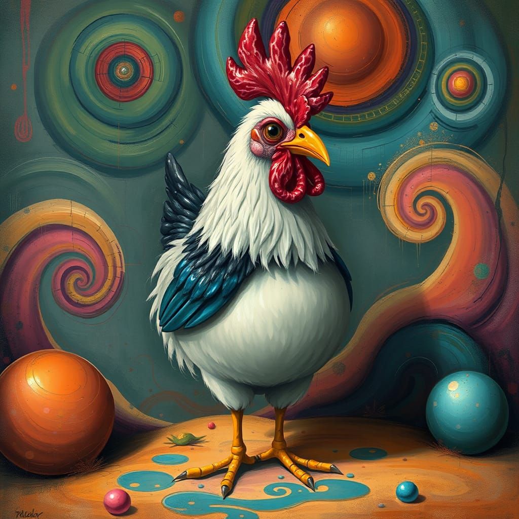 Surreal Anthropomorphic Chicken in Dreamlike Setting